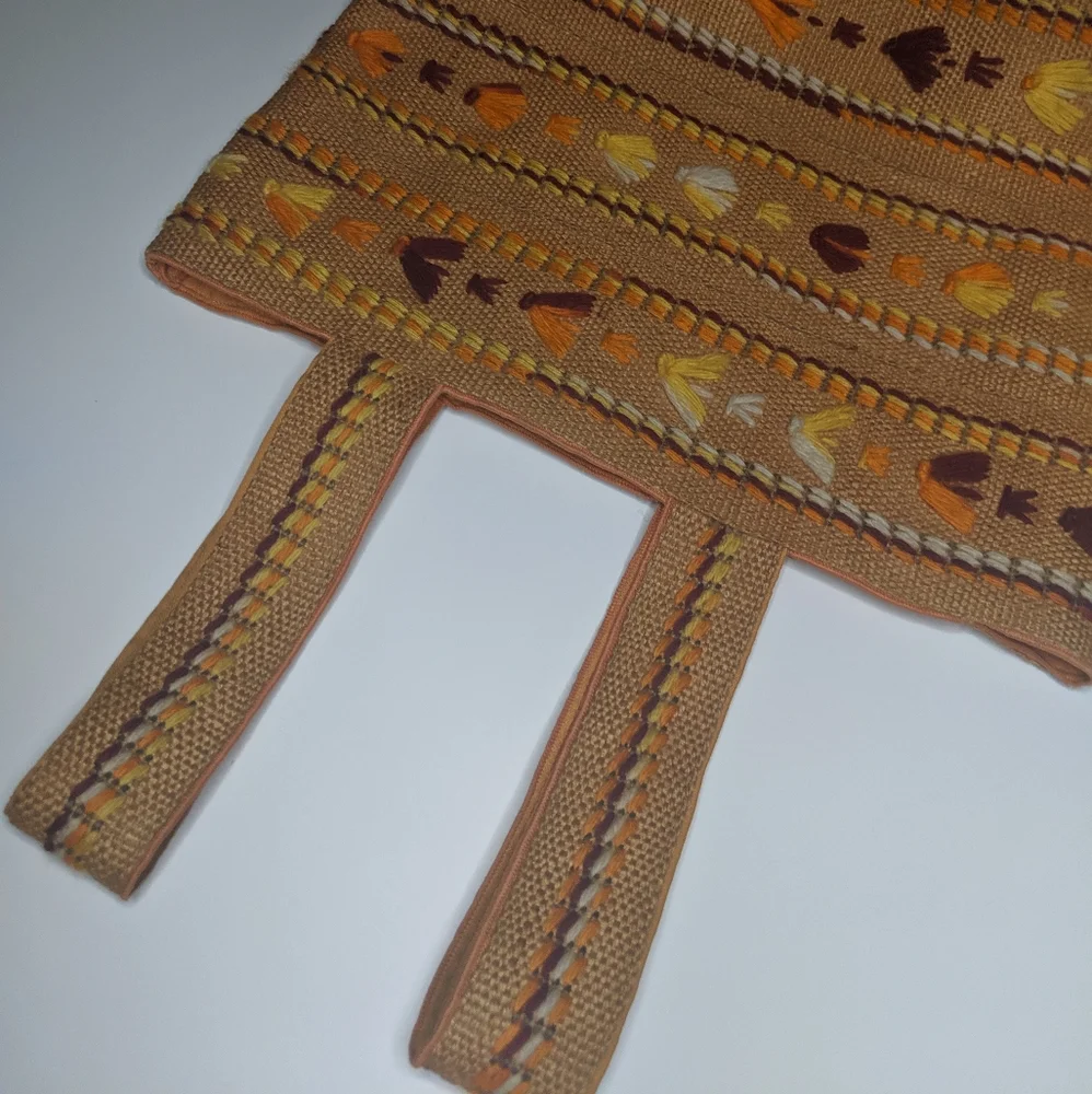 VINTAGE Handmade Boho Embroidered Burlap Tote - Picture 6 of 11